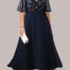 Women‘s Plus Size Curve Party Dress Chiffon Dress Swing Dress Leaf Long Dress Maxi Dress Half Sleeve Mesh Print V Neck Fashion Party Navy Blue Summer Spring L XL XXL 3XL 4XL