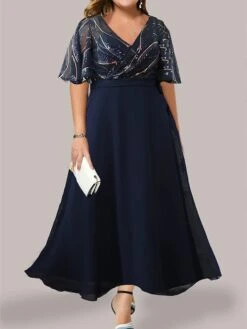 Women‘s Plus Size Curve Party Dress Chiffon Dress Swing Dress Leaf Long Dress Maxi Dress Half Sleeve Mesh Print V Neck Fashion Party Navy Blue Summer Spring L XL XXL 3XL 4XL