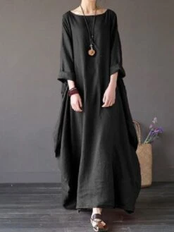 Women‘s Cotton Linen Dress Caftan Dress Shift Dress Long Dress Maxi Dress Green Red Light Blue White Black 3/4 Length Sleeve Pure Color Pocket Spring Summer Fall Boat Neck Basic Casual Loose Fit 2023 -HAYz Clothing Shop sopptk1524453387329