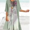 Women's Two Piece Dress Set Casual Dress Print Dress Outdoor Daily Fashion Elegant Print Midi Dress Crew Neck 3/4 Length Sleeve Floral Regular Fit Light Green Light Purple Green Summer Spring S M L