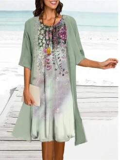 Women's Two Piece Dress Set Casual Dress Print Dress Outdoor Daily Fashion Elegant Print Midi Dress Crew Neck 3/4 Length Sleeve Floral Regular Fit Light Green Light Purple Green Summer Spring S M L