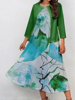 Women's Two Piece Dress Set Casual Dress Swing Dress Outdoor Office Fashion Streetwear Print Midi Dress Crew Neck 3/4 Length Sleeve Leaf Regular Fit Yellow Green Gray Fall Winter S M L XL XXL -HAYz Clothing Shop soyaay1697681154591