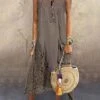 Women's Casual Dress Cotton Linen Dress A Line Dress Maxi Long Dress Cotton Blend Fashion Modern Outdoor Daily Vacation Spaghetti Strap Lace Patchwork Sleeveless Summer Spring 2023 Regular Fit Khaki