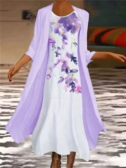 Women's Plus Size Two Piece Dress Set Casual Dress Chiffon Dress Outdoor Office Fashion Streetwear Print Midi Dress Crew Neck 3/4 Length Sleeve Floral Regular Fit Yellow Blue Sky Blue Spring Fall S M -HAYz Clothing Shop sphbaw1694596595332