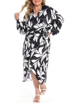 Women's Plus Size Curve Work Dress Satin Dress Wrap Dress Floral Midi Dress Long Sleeve Split V Neck Fashion Office Black Fall Winter L XL XXL 3XL 4XL -HAYz Clothing Shop spkrjt1694772969768