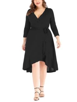 Women's Plus Size Curve Work Dress Black Dress A Line Dress Fashion Midi Dress Lace Up Asymmetrical V Neck 3/4 Length Sleeve Plain Loose Fit Black Blue Fall XL XXL 3XL 4XL 5XL -HAYz Clothing Shop spmkqc1693203429172