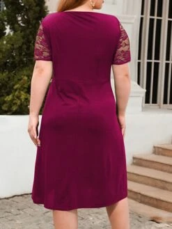 Women's Plus Size Curve Party Dress Lace Dress Semi Formal Dress Solid Color Midi Dress Short Sleeve Lace Crew Neck Fashion Party ArmyGreen Black Fall Winter XL XXL 3XL 4XL -HAYz Clothing Shop spsmyb1695813616999