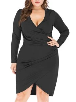 Women‘s Plus Size Curve Work Dress Sheath Dress Semi Formal Dress Fashion Midi Dress Ruched V Neck Long Sleeve Plain Regular Fit Black Wine Blue Fall Winter XL XXL 3XL 4XL 5XL -HAYz Clothing Shop sptdgp1691401444719
