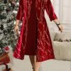 Women's Plus Size Two Piece Dress Set Velvet Dress Party Dress Party Christmas Fashion Elegant Lace Patchwork Midi Dress Crew Neck 3/4 Length Sleeve Geometric Regular Fit Wine Fall Winter L XL XXL