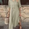 Women's Shirt Dress Casual Dress Cotton Linen Dress Maxi Long Dress Linen Cotton Blend Basic Classic Outdoor Daily Vacation Shirt Collar Pocket Split 3/4 Length Sleeve Summer Spring Fall 2023 Loose