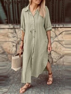 Women's Shirt Dress Casual Dress Cotton Linen Dress Maxi Long Dress Linen Cotton Blend Basic Classic Outdoor Daily Vacation Shirt Collar Pocket Split 3/4 Length Sleeve Summer Spring Fall 2023 Loose