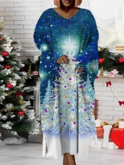 Women‘s Plus Size Christmas Dress Santa Claus V Neck Long Sleeve Winter Fall Modern Maxi Long Dress Daily Dress -HAYz Clothing Shop sqnbwo1668158227595