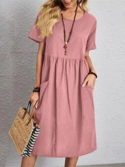 Women's Casual Dress Cotton Linen Dress Midi Dress Linen / Cotton Blend Basic Classic Outdoor Daily Vacation Crew Neck Pocket Short Sleeve Summer Spring 2023 Regular Fit Pink Navy Blue Brown Plain S -HAYz Clothing Shop sqpmrr1691067953554