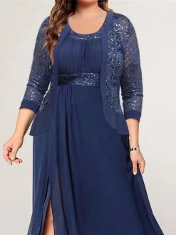Women's Plus Size Curve Party Dress Lace Dress Dress Set Plain Long Dress Maxi Dress 3/4 Length Sleeve Lace Patchwork Crew Neck Fashion Party Navy Blue Fall Winter L XL XXL 3XL 4XL -HAYz Clothing Shop sqsqlg1694487739154