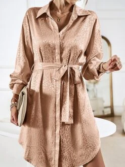 Women's Shirt Dress Midi Dress Outdoor Date Vacation Satin Fashion Elegant Shirt Collar Lace Up Button Long Sleeve Spring Fall Winter 2023 Loose Fit Black Wine Brown Pure Color S M L XL -HAYz Clothing Shop sredma1692856942507