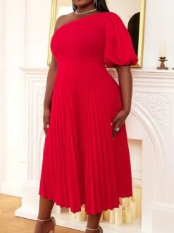 Women's Plus Size Curve Party Dress Cocktail Dress Swing Dress Plain Midi Dress Half Sleeve Pleated One Shoulder Fashion Party Red Fall Winter XL XXL 3XL 4XL -HAYz Clothing Shop srrwyv1694425973176