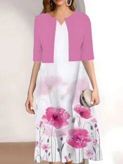 Women's Two Piece Dress Set Casual Dress Print Dress Outdoor Daily Fashion Work Print Midi Dress V Neck Half Sleeve Floral Regular Fit Pink Wine Navy Blue Summer Spring S M L XL XXL -HAYz Clothing Shop srstkb1689669890266
