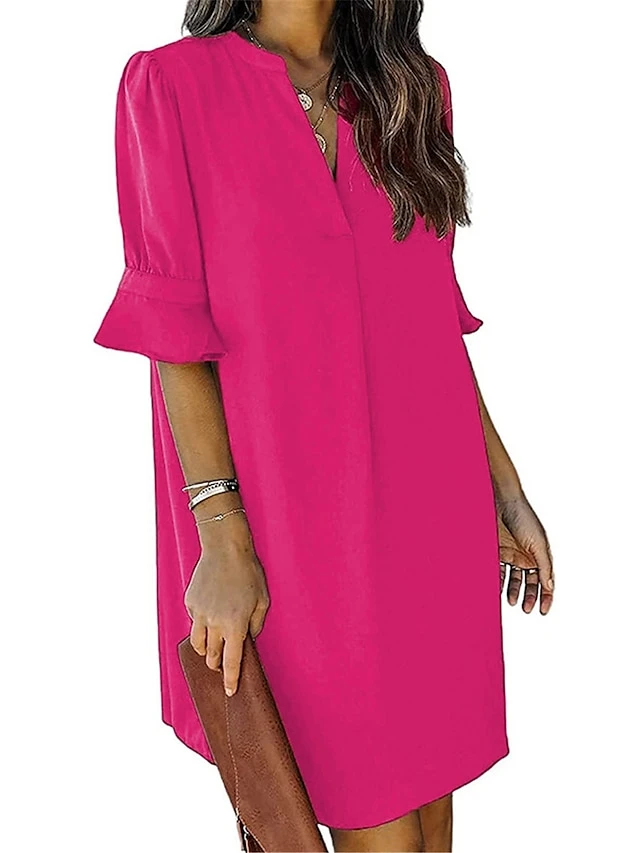 Women's Shirt Dress Casual Dress Shift Dress Mini Dress Outdoor Daily Polyester Basic Classic Split Neck Ruffle Half Sleeve Summer Spring Fall 2023 Loose Fit Light Pink Black Pink Plain S M L XL 2XL 4 Women's Shirt Dress Casual Dress Shift Dress Mini Dress Outdoor Daily Polyester Basic Classic Split Neck Ruffle Half Sleeve Summer Spring Fall 2023 Loose Fit Light Pink Black Pink Plain S M L XL 2XL - Image 4