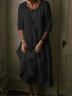 Women's Cotton Linen Dress Casual Dress Maxi Long Dress Cotton Basic Casual Outdoor Daily Vacation Crew Neck Pocket Half Sleeve Summer Spring 2023 Loose Fit Black Yellow Blue Plain S M L XL 2XL -HAYz Clothing Shop ssaqdm1678437397562
