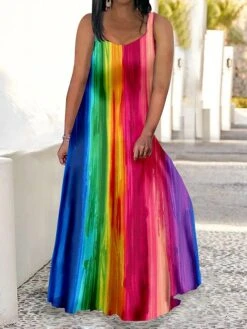 Women‘s Plus Size Curve Casual Sweater Dress Swing Sweater Dress Strap Sweater Dress Color Block Gradient Long Sweater Dress Maxi Sweater Dress Sleeveless Print Strap Romantic Daily Yellow Blue Summer -HAYz Clothing Shop sscpjj1679308945263