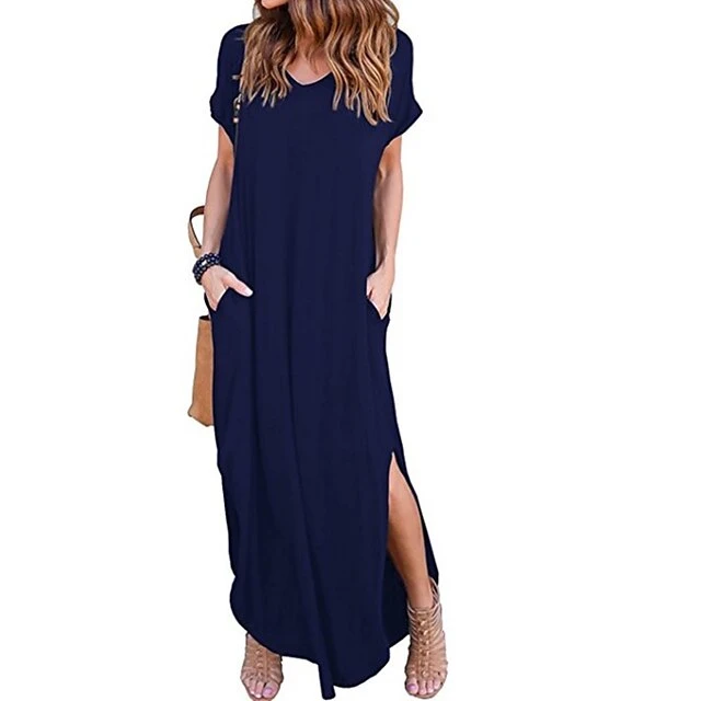 Women's T Shirt Dress Tee Dress Long Dress Maxi Dress Wine Red Green Black Short Sleeve Pure Color Pocket Spring Summer V Neck S M L XL 2XL 3XL 4XL 5XL 4 Women's T Shirt Dress Tee Dress Long Dress Maxi Dress Wine Red Green Black Short Sleeve Pure Color Pocket Spring Summer V Neck S M L XL 2XL 3XL 4XL 5XL - Image 4