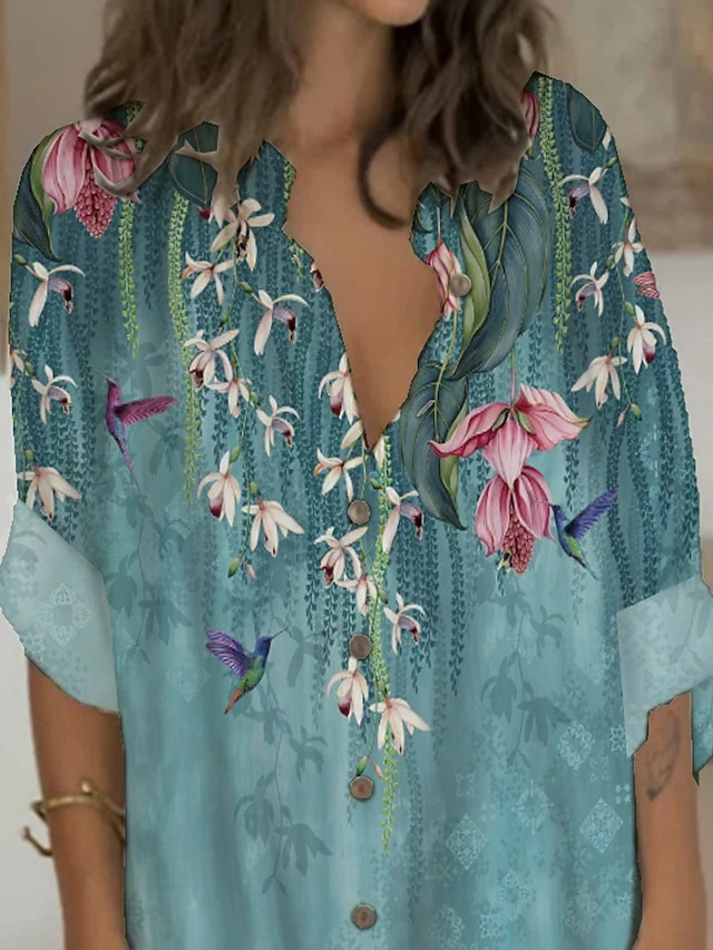 Women's Shirt Dress Casual Dress Shift Dress Mini Dress Outdoor Date Vacation Polyester Fashion Modern V Neck Button Pocket 3/4 Length Sleeve Summer Spring 2023 Regular Fit White Pink Blue Bird Flower 2 Women's Shirt Dress Casual Dress Shift Dress Mini Dress Outdoor Date Vacation Polyester Fashion Modern V Neck Button Pocket 3/4 Length Sleeve Summer Spring 2023 Regular Fit White Pink Blue Bird Flower - Image 2