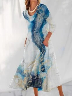 Women's Casual Dress Cotton Linen Dress Swing Dress Maxi Long Dress Polyester Fashion Casual Daily Outdoor Daily Vacation V Neck Split Print Long Sleeve Summer Spring Fall 2023 Loose Fit White Navy -HAYz Clothing Shop ssrmpx1690539145086