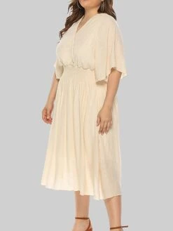 Women‘s Plus Size Curve Party Dress Wedding Guest Dress Swing Dress Midi Dress Black Beige Half Sleeve Pure Color Pleated Summer Spring Fall V Neck Party Birthday Wedding Guest Vacation 2023 -HAYz Clothing Shop ssrxzv1691399368900