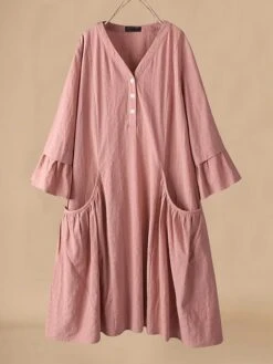 Women's Casual Dress Cotton Linen Dress Swing Dress Midi Dress Polyester Basic Classic Outdoor Daily Vacation V Neck Ruffle Button 3/4 Length Sleeve Spring Fall Autumn 2023 Loose Fit Pink Navy Blue -HAYz Clothing Shop ssvvfm1692340776092