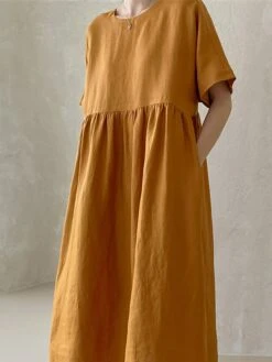 Women's Casual Dress Cotton Linen Dress Tiered Dress Maxi Long Dress Linen / Cotton Blend Daily Casual Outdoor Home Daily Crew Neck Pocket Short Sleeve Summer Spring 2023 Loose Fit Yellow Pink Plain -HAYz Clothing Shop ssyyal1689933426046