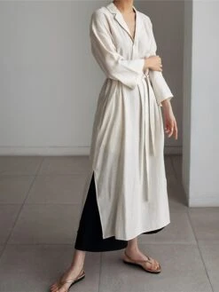 Women's Casual Dress Cotton Linen Dress Shift Dress Midi Dress Linen / Cotton Blend Fashion Basic Outdoor Daily Vacation Shirt Collar Lace Up Pocket Long Sleeve Fall Winter Autumn 2023 Loose Fit -HAYz Clothing Shop staodg1693475203127