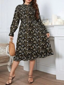 Women's Plus Size Party Dress Wedding Guest Dress Black Dress Midi Dress Black Long Sleeve Flower Print Spring Fall Winter High Neck Fashion Winter Dress Evening Party Wedding Guest 2023 XL XXL 3XL