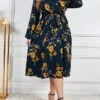 Women's Plus Size Party Dress Wedding Guest Dress Empire Waist Dresses Midi Dress Dark Blue Long Sleeve Flower With Belt Spring Fall Winter V Neck Fashion Winter Dress Evening Party Wedding Guest 2023