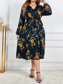 Women's Plus Size Party Dress Wedding Guest Dress Empire Waist Dresses Midi Dress Dark Blue Long Sleeve Flower With Belt Spring Fall Winter V Neck Fashion Winter Dress Evening Party Wedding Guest 2023
