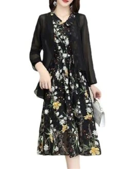 Women's Two Piece Dress Set Print Dress Outdoor Daily Modern Casual Lace Up Ruched Midi Dress V Neck Long Sleeve Floral Regular Fit Black Pink Blue Summer Spring M L XL XXL XXXL -HAYz Clothing Shop stivul1678430834432