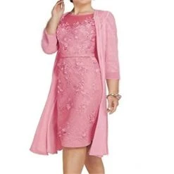 Women‘s Plus Size Curve Two Piece Dress Solid Color Crew Neck Lace 3/4 Length Sleeve Spring Fall Basic Work Knee Length Dress Formal Party Dress Cotton