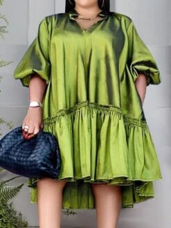 Women's Plus Size Curve Shirt Dress Casual Dress Satin Dress Plain Midi Dress Half Sleeve Ruched Ruffle V Neck Fashion Daily Green Fall Winter XL XXL 3XL 4XL