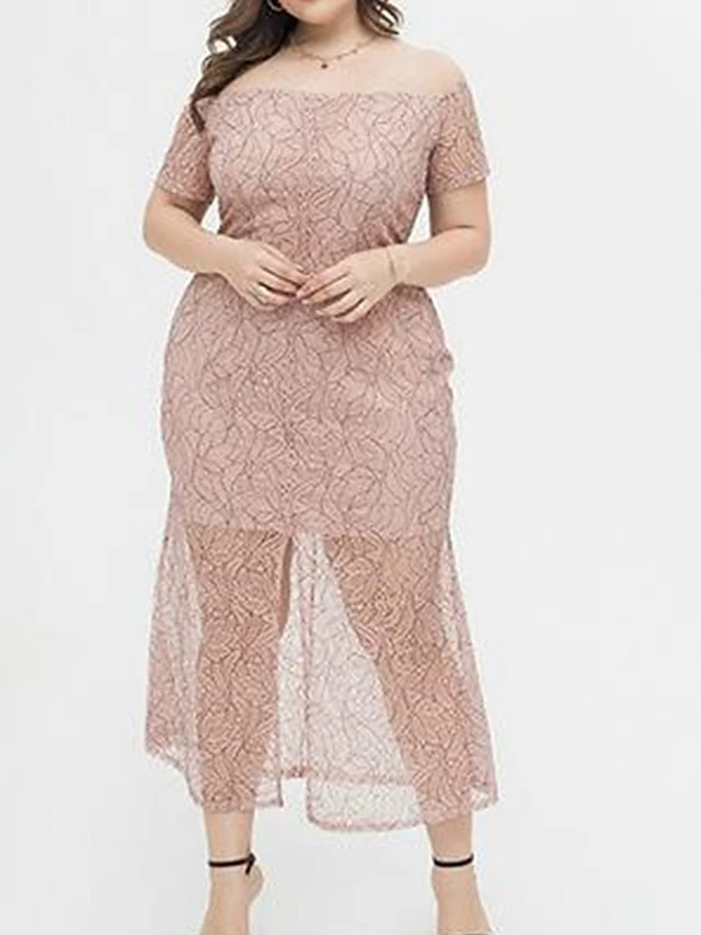 Women's Plus Size Prom Dress Party Dress Lace Dress Long Dress Maxi Dress Pink Short Sleeve Pure Color Lace Summer Spring Fall Off Shoulder Fashion Wedding Guest Birthday Evening Party 2023 XL XXL 4 Women's Plus Size Prom Dress Party Dress Lace Dress Long Dress Maxi Dress Pink Short Sleeve Pure Color Lace Summer Spring Fall Off Shoulder Fashion Wedding Guest Birthday Evening Party 2023 XL XXL - Image 4