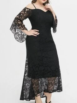 Women's Plus Size Prom Dress Party Dress Lace Dress Long Dress Maxi Dress Black Pink Wine Long Sleeve Pure Color Lace Spring Fall Winter Cold Shoulder Fashion Wedding Guest Birthday Evening Party 2023 -HAYz Clothing Shop stqmqx1693535468710