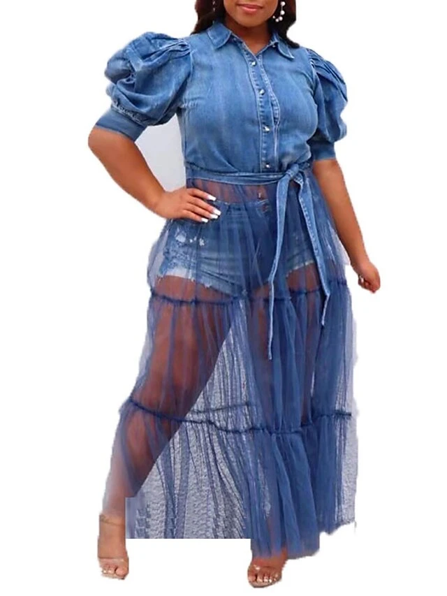 Women‘s Plus Size Curve Holiday Dress Solid Color Shirt Collar Mesh Long Sleeve Fall Spring Basic Casual Preppy Maxi Long Dress Casual Daily DressCotton 6 Women‘s Plus Size Curve Holiday Dress Solid Color Shirt Collar Mesh Long Sleeve Fall Spring Basic Casual Preppy Maxi Long Dress Casual Daily DressCotton - Image 6