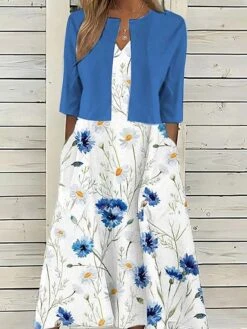 Women's Two Piece Dress Set Casual Dress Shift Dress Daily Going Out Fashion Casual Pocket Print Midi Dress V Neck 3/4 Length Sleeve Floral Loose Fit Navy Blue Royal Blue Dark Green Summer Spring S M -HAYz Clothing Shop suavar1687327202897