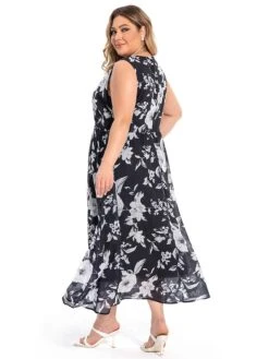Women‘s Plus Size Curve Two Piece Dress Set Casual Dress Chiffon Dress Outdoor Daily Fashion Elegant Print Long Dress Maxi Dress V Neck Long Sleeve Floral Regular Fit Black Summer Spring -HAYz Clothing Shop sucvwl1694770875118