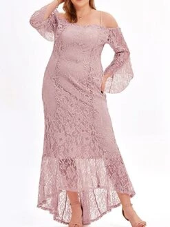 Women's Plus Size Prom Dress Party Dress Lace Dress Long Dress Maxi Dress Black Pink Wine Long Sleeve Pure Color Lace Spring Fall Winter Cold Shoulder Fashion Wedding Guest Birthday Evening Party 2023 -HAYz Clothing Shop sulrgr1693535473826