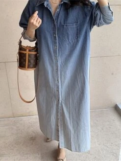 Women's Shirt Dress Casual Dress Maxi Long Dress Outdoor Daily Vacation Denim Fashion Modern Shirt Collar Button Pocket Long Sleeve Spring Fall Winter 2023 Loose Fit Blue Ombre M -HAYz Clothing Shop suusnl1695027658502