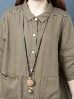 Women's Shirt Dress Casual Dress Cotton Dress Midi Dress Cotton Basic Classic Outdoor Daily Vacation Shirt Collar Button Pocket Half Sleeve Spring Fall Winter 2023 Loose Fit ArmyGreen Orange Plain S -HAYz Clothing Shop suvkpv1692695053763