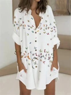 Women's Shirt Dress Casual Dress Shift Dress Mini Dress Outdoor Daily Vacation Polyester Fashion Casual Stand Collar Button Pocket Long Sleeve Summer Spring Fall 2023 Regular Fit White Pink Butterfly -HAYz Clothing Shop suxktx1679382573205