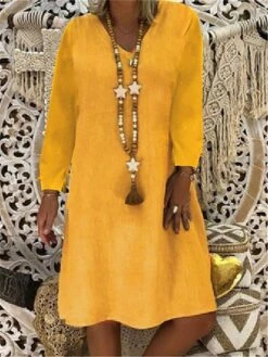 Women's Casual Dress Cotton Linen Dress Midi Dress Cotton Basic Classic Outdoor Daily Vacation V Neck Basic Long Sleeve Spring Fall Autumn 2023 Loose Fit Black Yellow Red Plain S M L XL 2XL