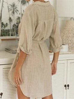 Women's Shirt Dress Casual Dress Cotton Linen Dress Mini Dress Linen / Cotton Blend Fashion Modern Outdoor Daily Vacation Shirt Collar Lace Up Button 3/4 Length Sleeve Summer Spring Fall 2023 Regular -HAYz Clothing Shop svcepo1689232556698