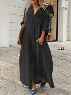Women's Shirt Dress Casual Dress Cotton Linen Dress Maxi Long Dress Linen / Cotton Blend Basic Classic Outdoor Daily Vacation Shirt Collar Button Pocket 3/4 Length Sleeve Summer Spring Fall 2023 -HAYz Clothing Shop svgexd1692084274266