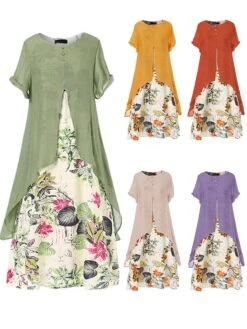 Women‘s Plus Size Curve Casual Dress Shift Dress Floral Midi Dress Short Sleeve Ruched Fake Two Piece Crew Neck Fashion Daily Yellow Pink Spring Summer L XL XXL 3XL 4XL